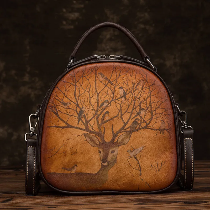 Retro Deer Bird Hand-Painted Leather Bag